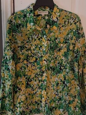 Jones New York Green and Yellow abstract Floral Print Button-Down Shirt xl sport